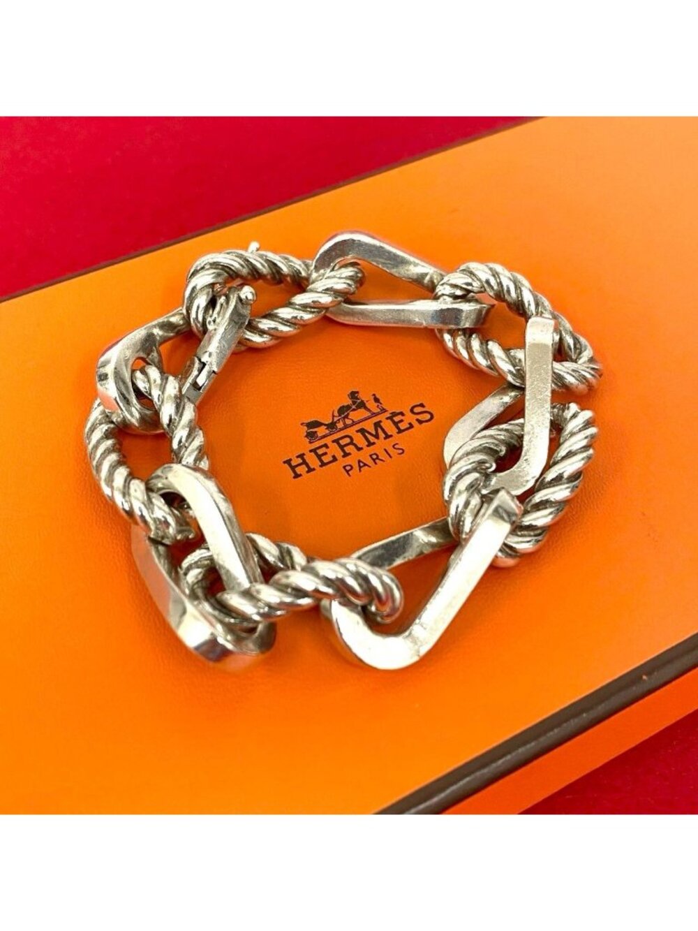 Hermes Chien Ball GM Bracelet 925 Sterling Silver Chain Bangle